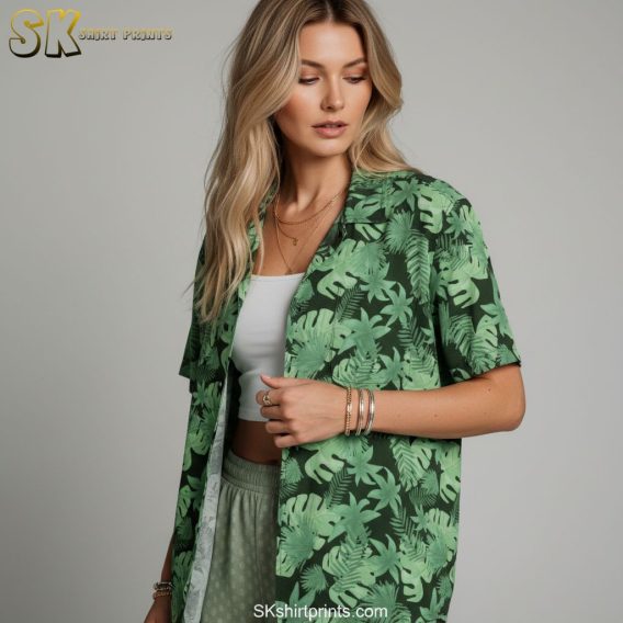 Green Hawaiian shirt for men with jungle-inspired leaf print in various green tones