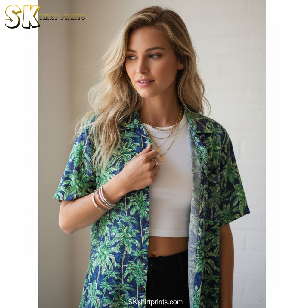 Green hawaiian shirt mens style showing lush palm tree pattern in tropical design