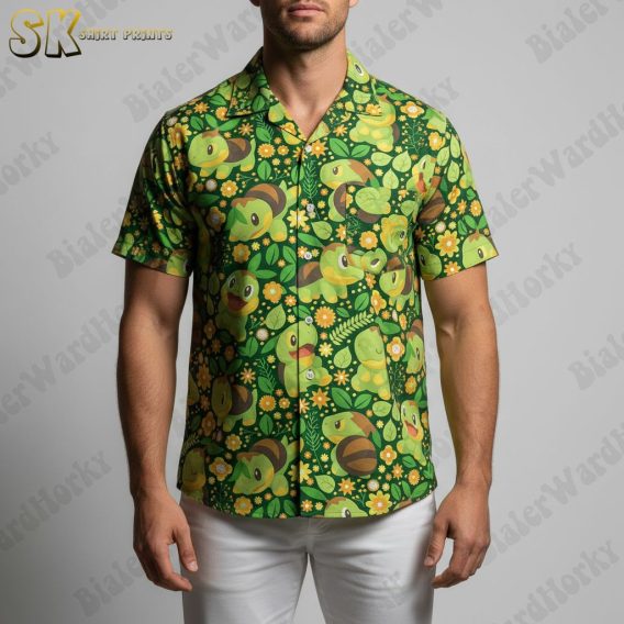 Green Hawaiian shirt displaying turtle and bee motifs with tropical flower patterns