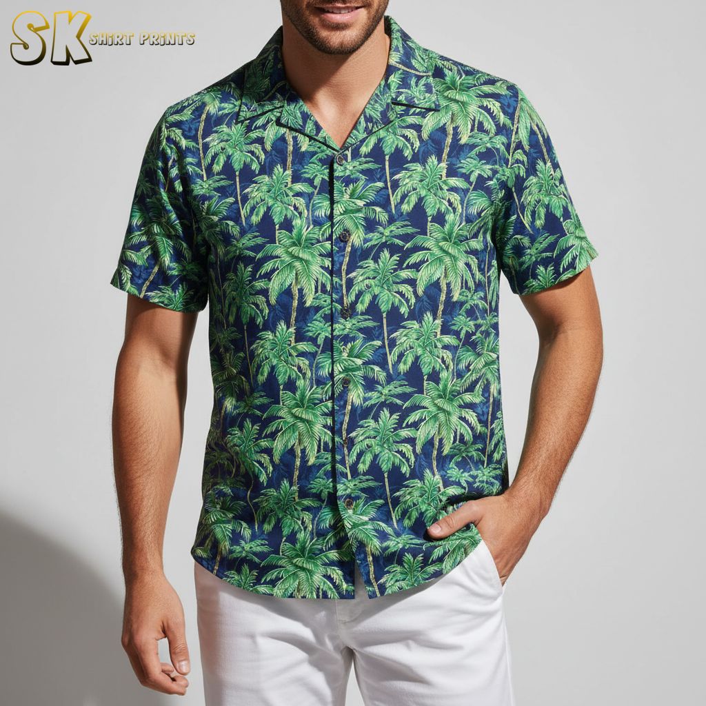 Green hawaiian shirt displaying overlapping palm trees in tropical print design