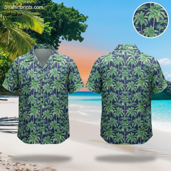 Green leaf hawaiian shirt featuring dense palm tree pattern on dark background