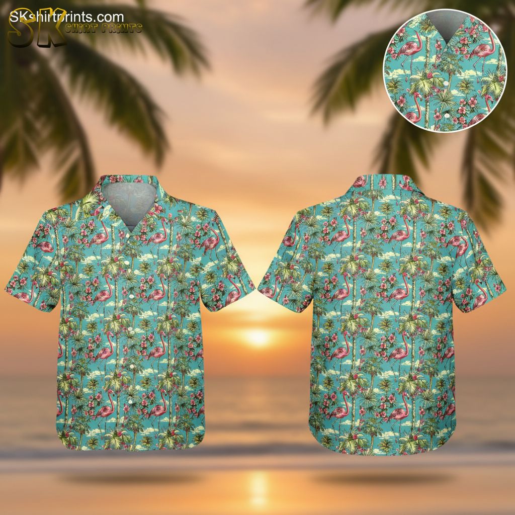 Green tropical shirt featuring pink flamingos, palm trees, and pink flowers on light blue background