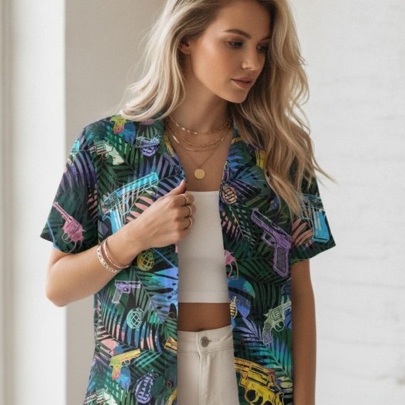 Gun Hawaiian shirt laid flat showing all-over print with pistols, hand grenades, and colorful palm leaf motifs