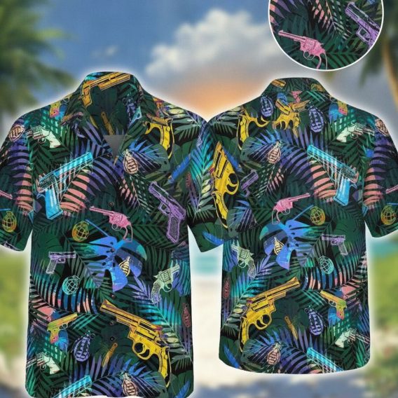 Gun Hawaiian shirt with colorful palm leaf, pistol, and grenade print pattern on a button-up aloha shirt