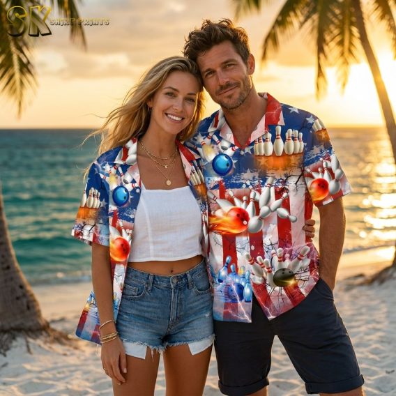 Collection of Hawaiian bowling shirts in multiple colors, each featuring bowling pins and balls pattern with American flag-inspired red and blue tones, stars, stripes, and flame details