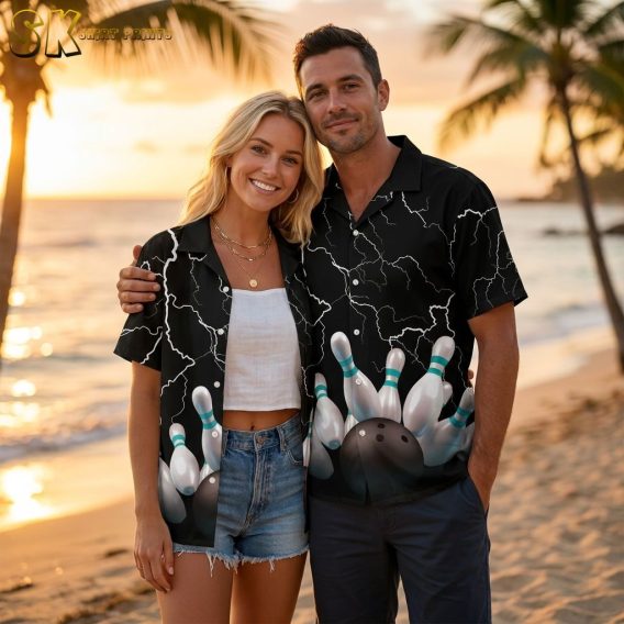 Collection of Hawaiian bowling shirts in multiple color variants featuring lightning bolt and bowling pin graphic designs, worn by a couple in golden hour lighting.