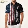 Man wearing a Hawaiian bowling shirt with American flag grunge design, red and white stripes, blue star panel, and bowling graphic on a warm white studio background