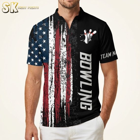 Man wearing a Hawaiian bowling shirt with American flag grunge design, red and white stripes, blue star panel, and bowling graphic on a warm white studio background