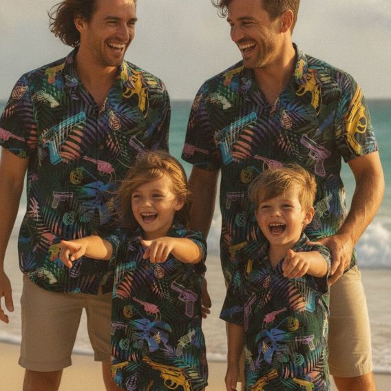Hawaiian gun shirt with repeating pattern of illustrated pistols, grenades, and tropical palm leaves in contrasting colors
