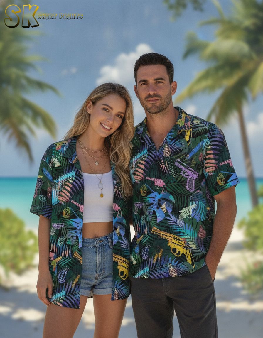 Gun Hawaiian Shirts for Men – Tropical Palm & Grenade Print Button-Down - military hawaiian shirts for men
