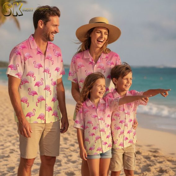Hawaiian shirt with pink flamingos arranged on gradient background from pink to yellow