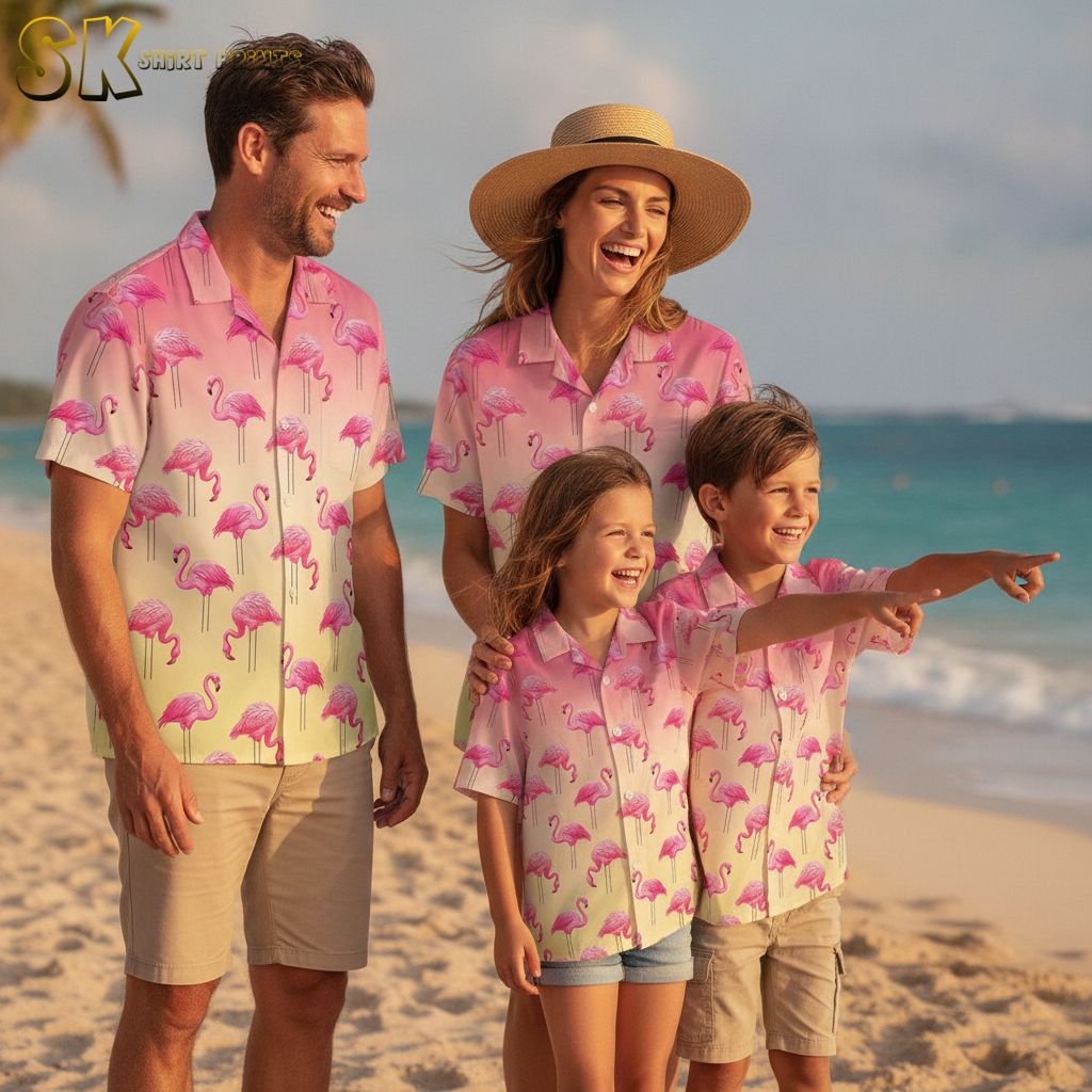 Hawaiian shirt with pink flamingos arranged on gradient background from pink to yellow