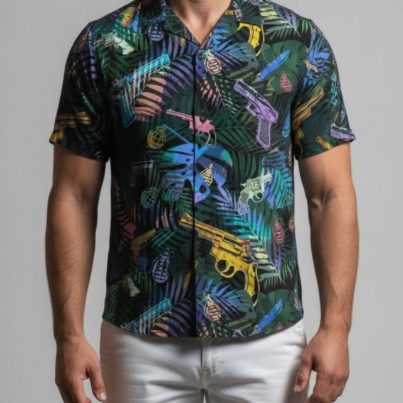 Hawaiian shirt with guns and palm leaf print, featuring illustrated pistols and grenades across the fabric