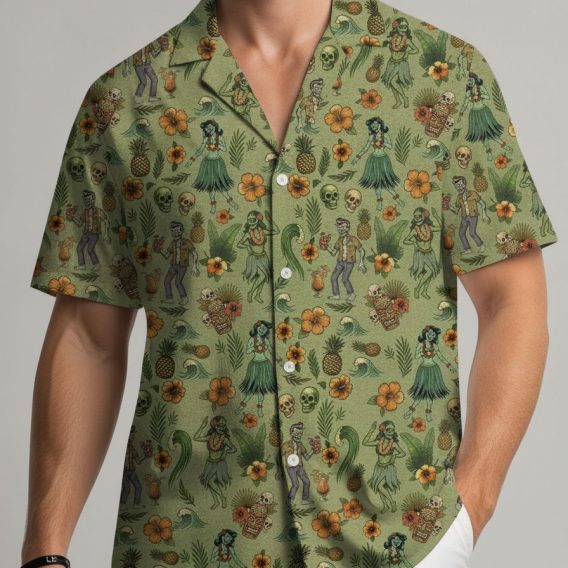 Hawaiian Star Wars shirt with tiki statues, pineapples, tropical flowers, and skull motifs printed on light green fabric