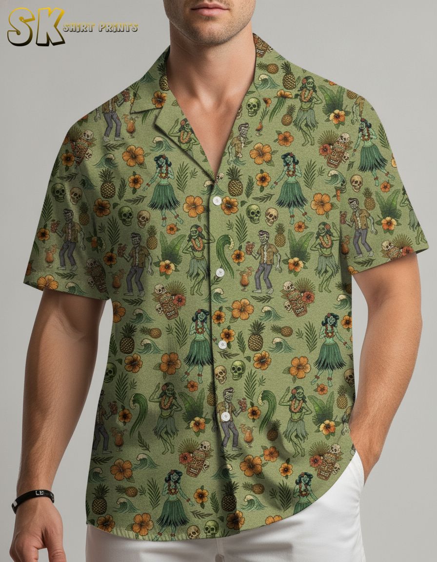 Hawaiian Star Wars shirt with tiki statues, pineapples, tropical flowers, and skull motifs printed on light green fabric