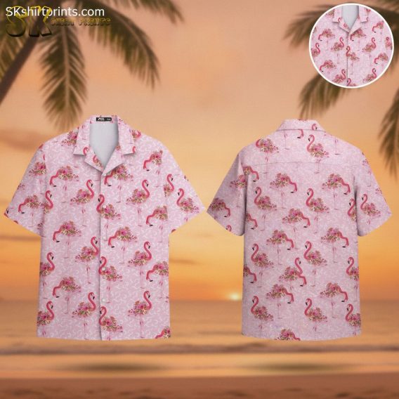 Hot pink Hawaiian shirt featuring pink flamingos and floral designs on light pink background