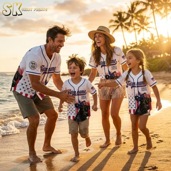 Independence Day 2026 Hawaiian shirt worn by family group on beach, showing patriotic stars and stripes all-over print with 250th anniversary back design