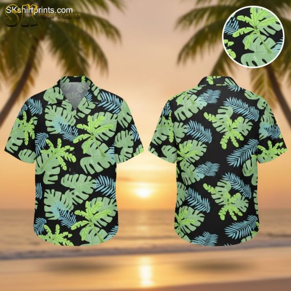 Light green Hawaiian shirt featuring monstera leaves and blue palm fronds on black background