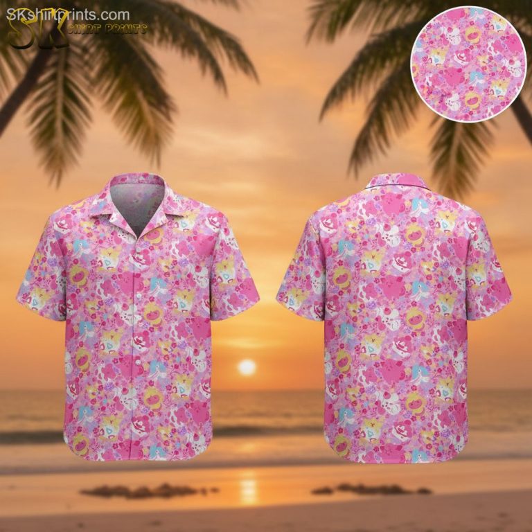 Light Pink Hawaiian Shirt with Cartoon Characters and Tropical Florals