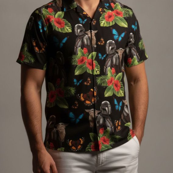 Mandalorian Hawaiian shirt featuring red hibiscus flowers, green leaves, blue and orange butterflies, and helmeted character print on an aloha-style button down