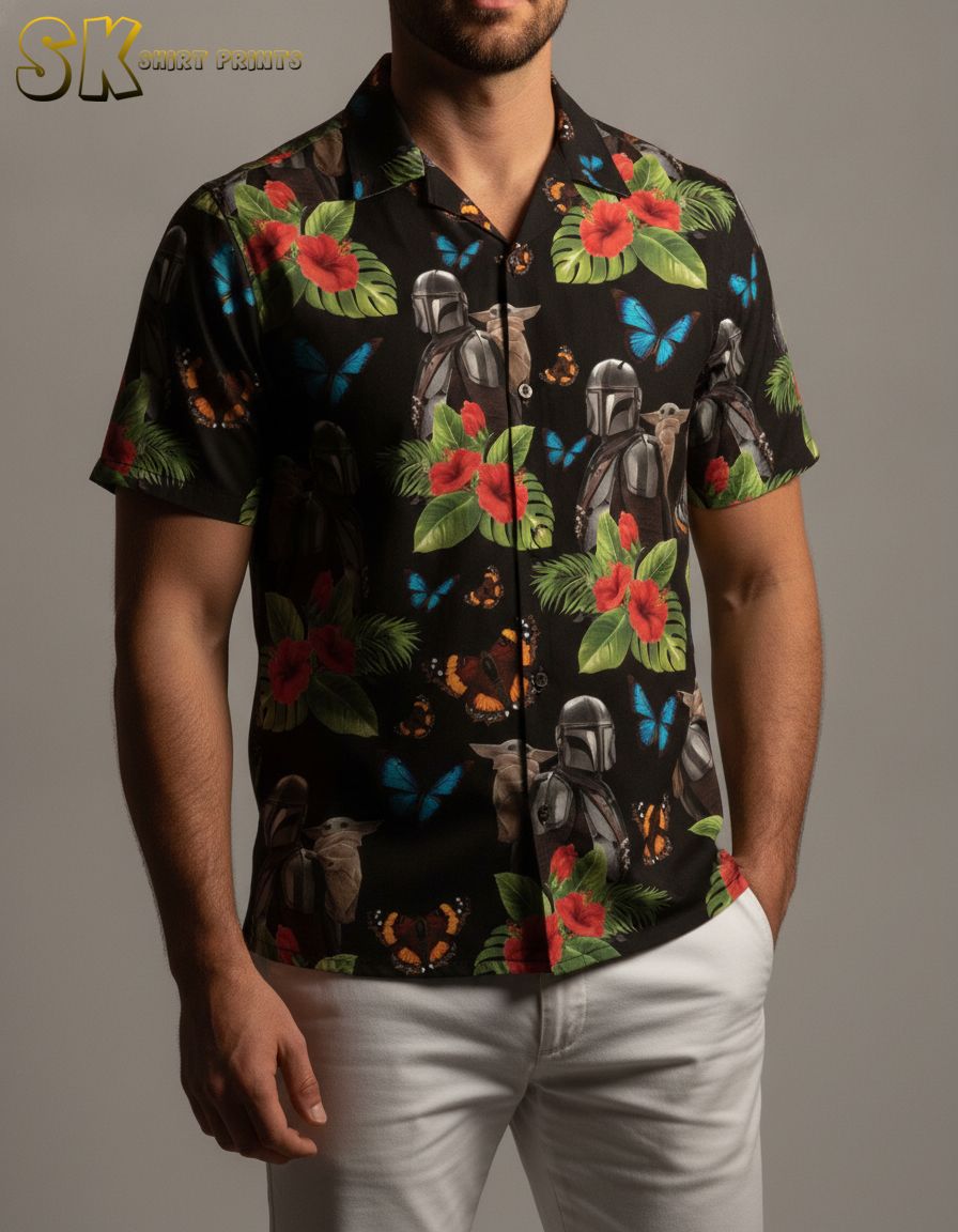Mandalorian Hawaiian shirt featuring red hibiscus flowers, green leaves, blue and orange butterflies, and helmeted character print on an aloha-style button down