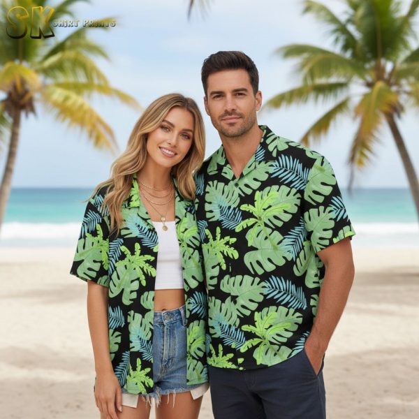 Light Green Hawaiian Shirt - Monstera Leaf Print on Black Background for Men and Women