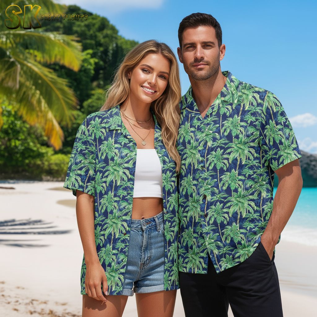 Mens green hawaiian shirt with dense green palm tree pattern on dark fabric
