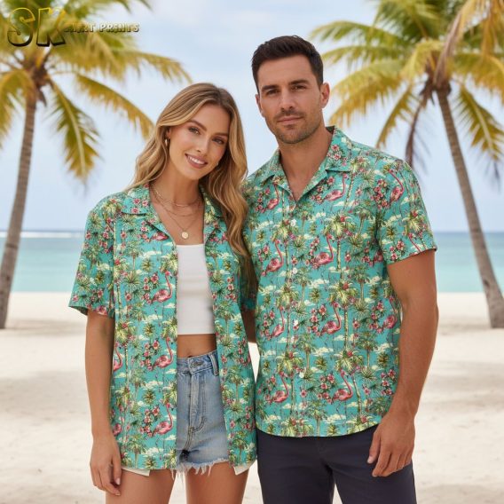 Men's green Hawaiian shirt with tropical print featuring flamingos, palm trees, and flowers