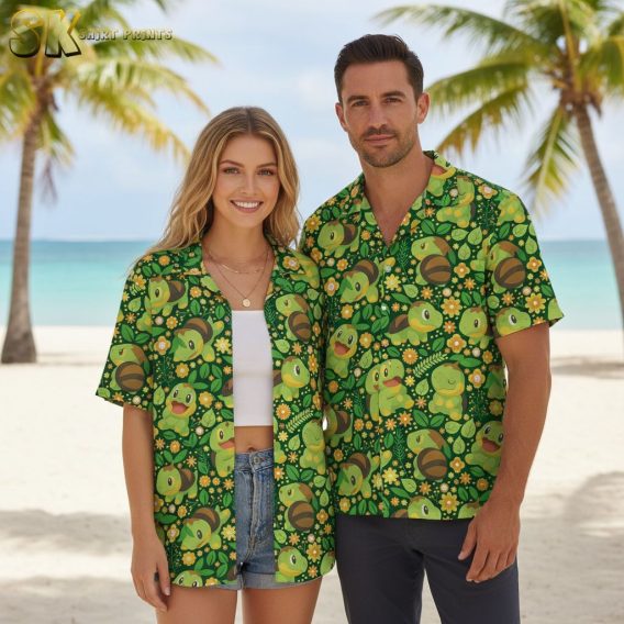 Men's green Hawaiian shirt with cartoon turtles, bees, and flower print on dark green fabric