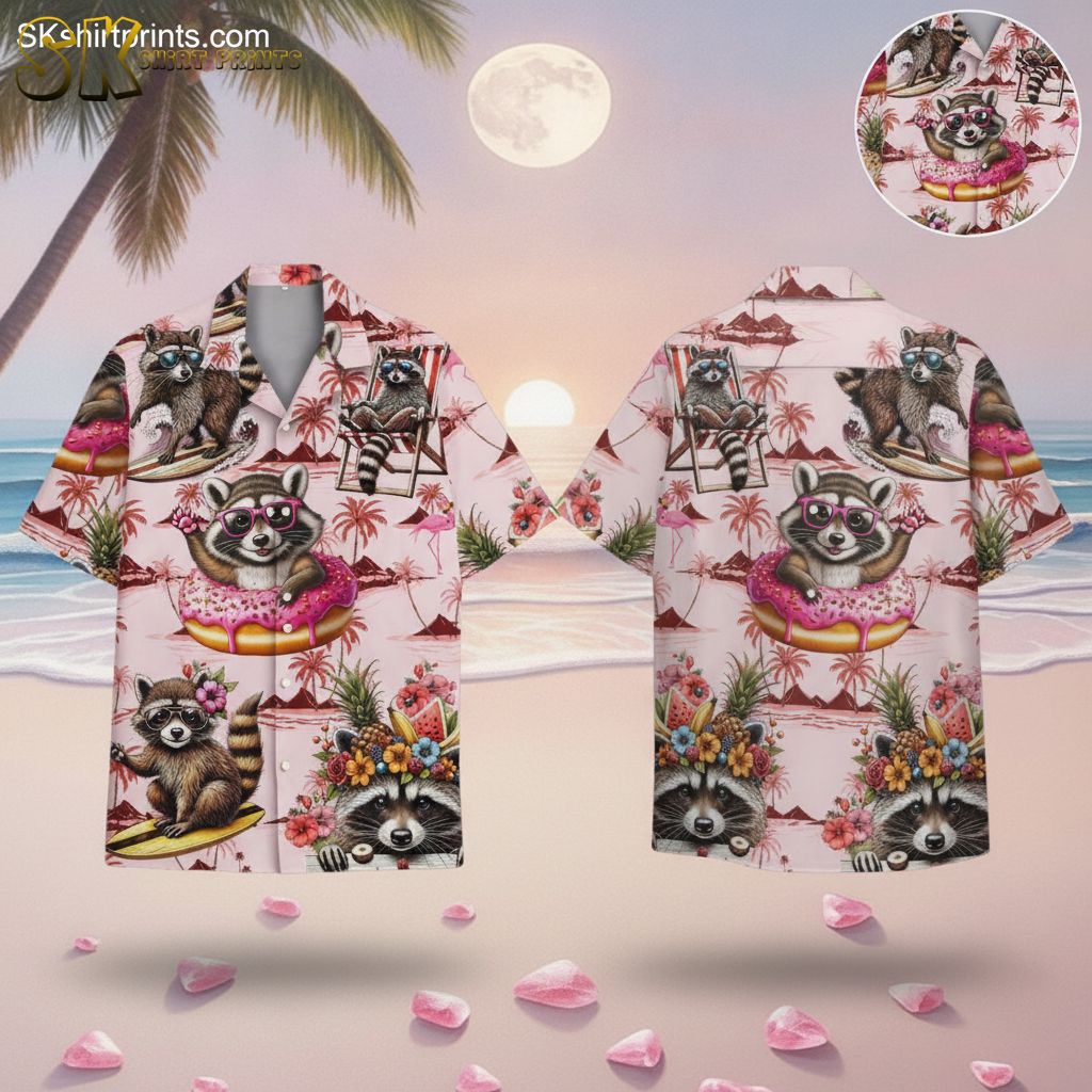 Men's Hawaiian shirt in pink featuring cartoon raccoons with sunglasses, donuts, and tropical elements