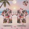 Men's Hawaiian shirt in pink featuring raccoons with sunglasses, surfboards, palm trees and tropical flowers