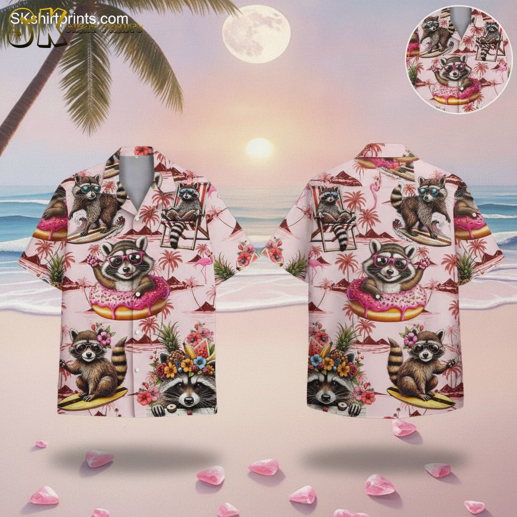 Men's Hawaiian shirt in pink featuring raccoons with sunglasses, surfboards, palm trees and tropical flowers