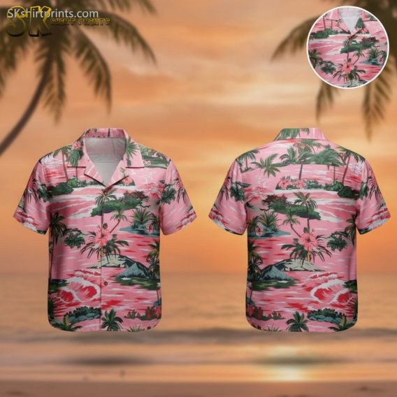 Men's Hawaiian shirt in pink featuring tropical palm trees, waves, and hibiscus flowers in pink and green colors
