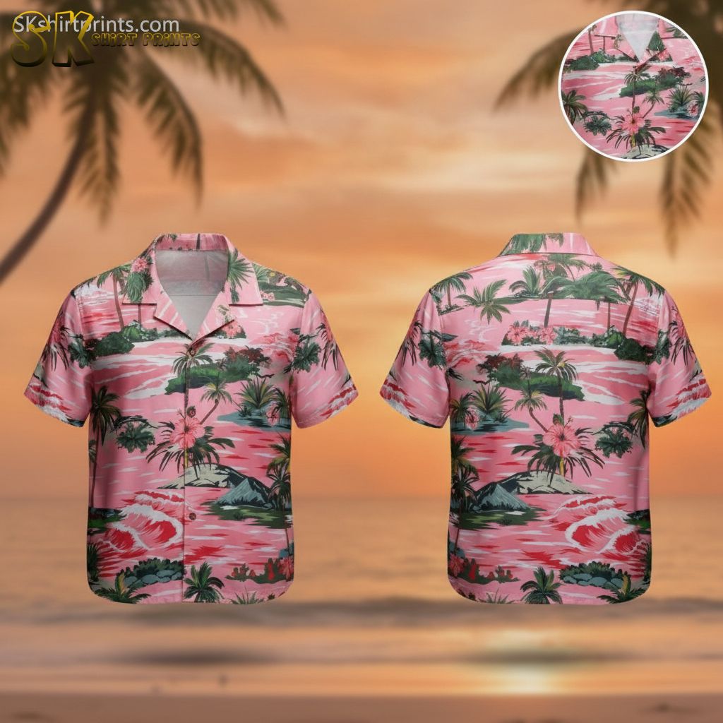 Men's Hawaiian shirt in pink featuring tropical palm trees, waves, and hibiscus flowers in pink and green colors