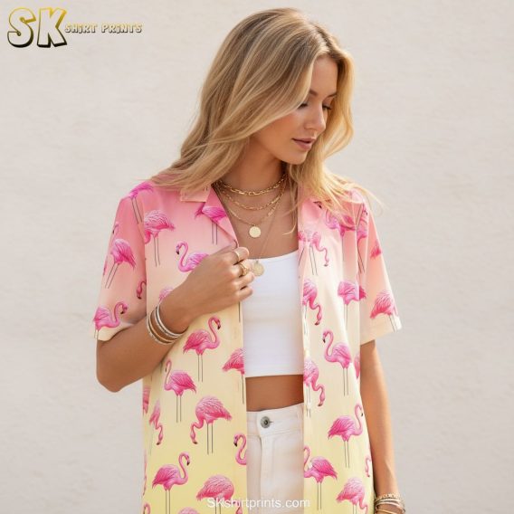 Men's Hawaiian shirt with pink flamingo tropical print on gradient colored background