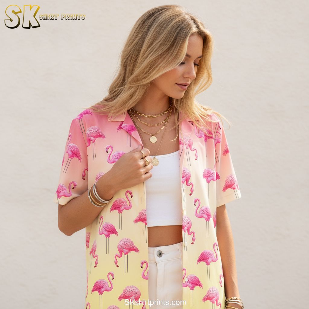 Men's Hawaiian shirt with pink flamingo tropical print on gradient colored background