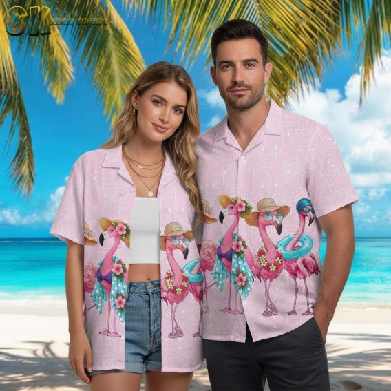 Men's pink Hawaiian shirt displaying flamingos with hats and sunglasses on tropical background