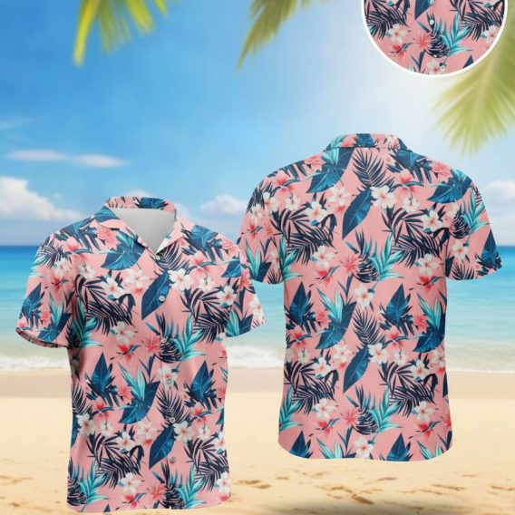 Men's pink Hawaiian shirt featuring white and pink floral pattern with blue and dark green tropical leaves