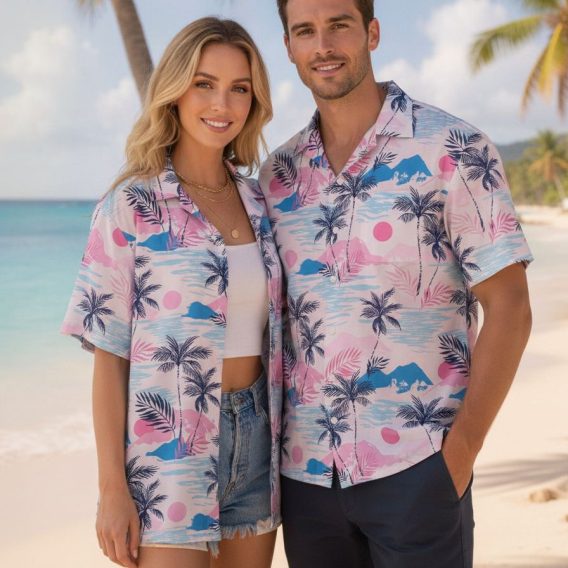 Men's pink Hawaiian shirt with tropical pattern showing pink sun circles, blue waves, and palm tree elements