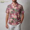 Mens pink tropical shirt displaying red and white berry clusters with purple flowers