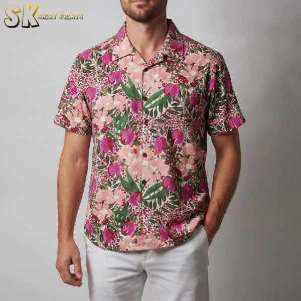 Pink Hawaiian Shirt Men's Tropical Orchid Floral Print Button Up