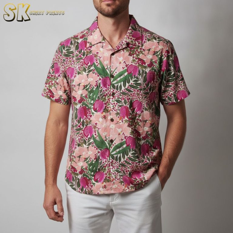 Pink Hawaiian Shirt Men’s Tropical Orchid Floral Print Button Up