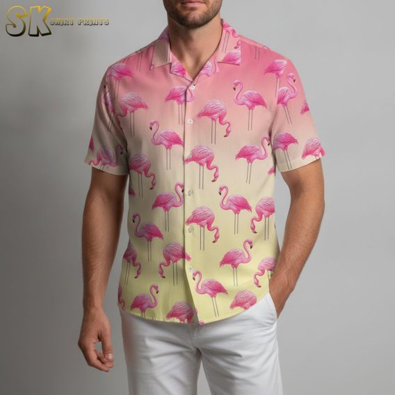 Men's pink tropical shirt with flamingo pattern and gradient yellow background