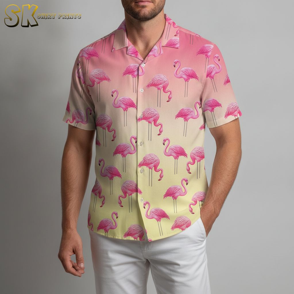 Men's pink tropical shirt with flamingo pattern and gradient yellow background