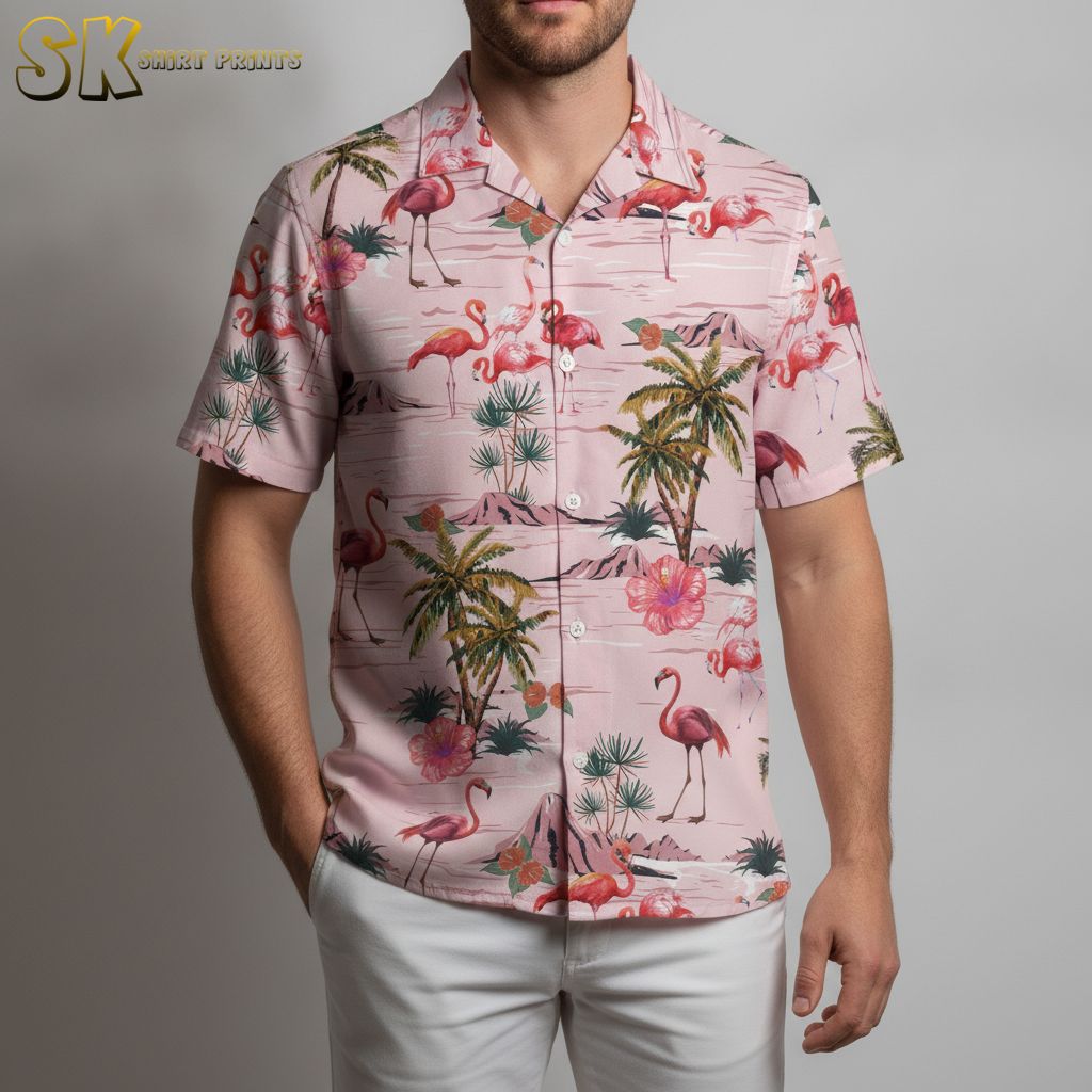 Mens pink tropical shirt displaying flamingo and palm tree motifs with hibiscus flower accents