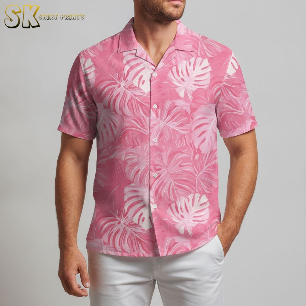 Mens pink tropical shirt with oversized monstera leaf pattern in vibrant pink hues