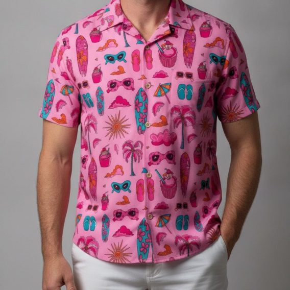 Men's pink tropical shirt displaying colorful summer pattern with surfboards, cocktails, and tropical accessories