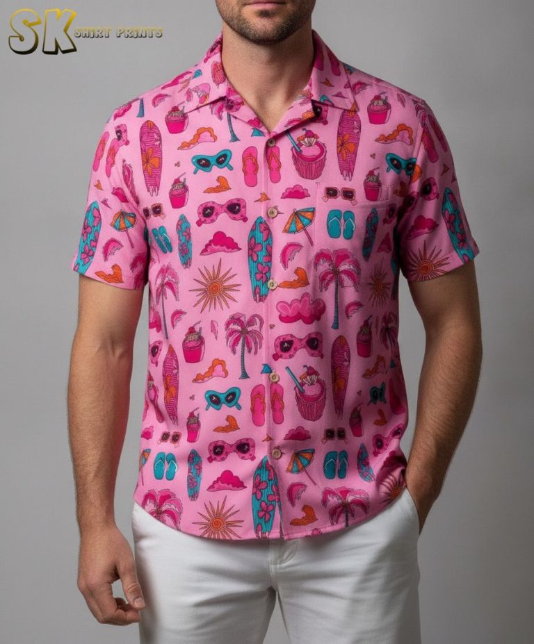 Pink Aloha Shirt with Surfboards and Tropical Cocktails – Men’s Hawaiian Summer Shirt