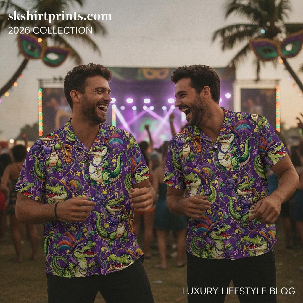 mens purple hawaiian shirt with white hibiscus floral print on a tropical beach background