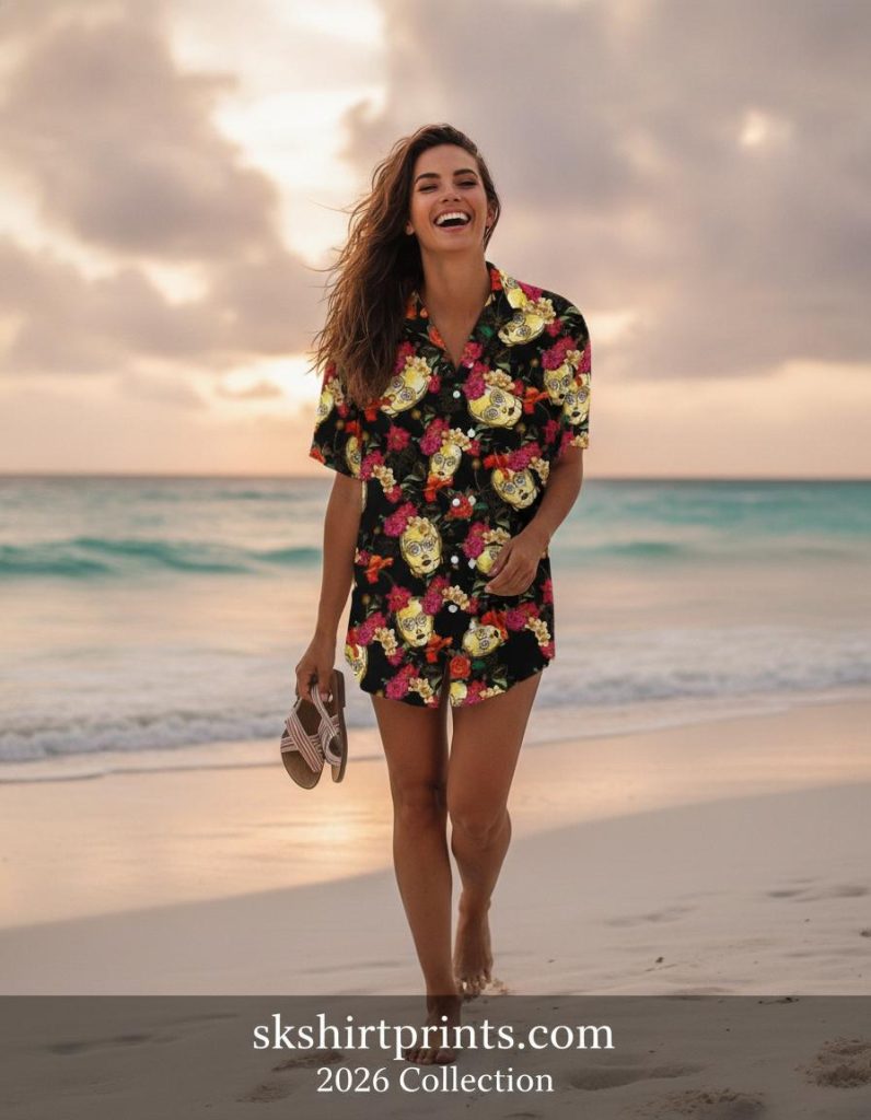 Mens Star Wars Hawaiian shirt featuring tropical floral and character prints laid flat on a beach towel in warm sunlight